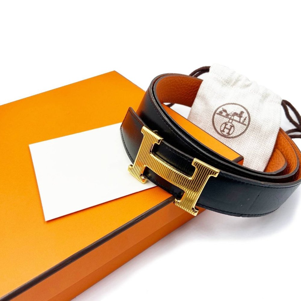 Hermes Rare Constance 35mm Gold Stripy H Black Orange Reversible Belt 90cm - Picture 2 of 4